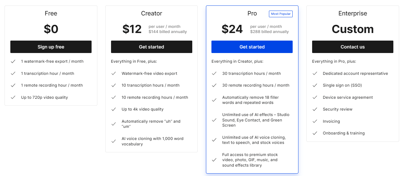 Pricing plans comparison chart with Free, Creator, Pro, and Enterprise options.
