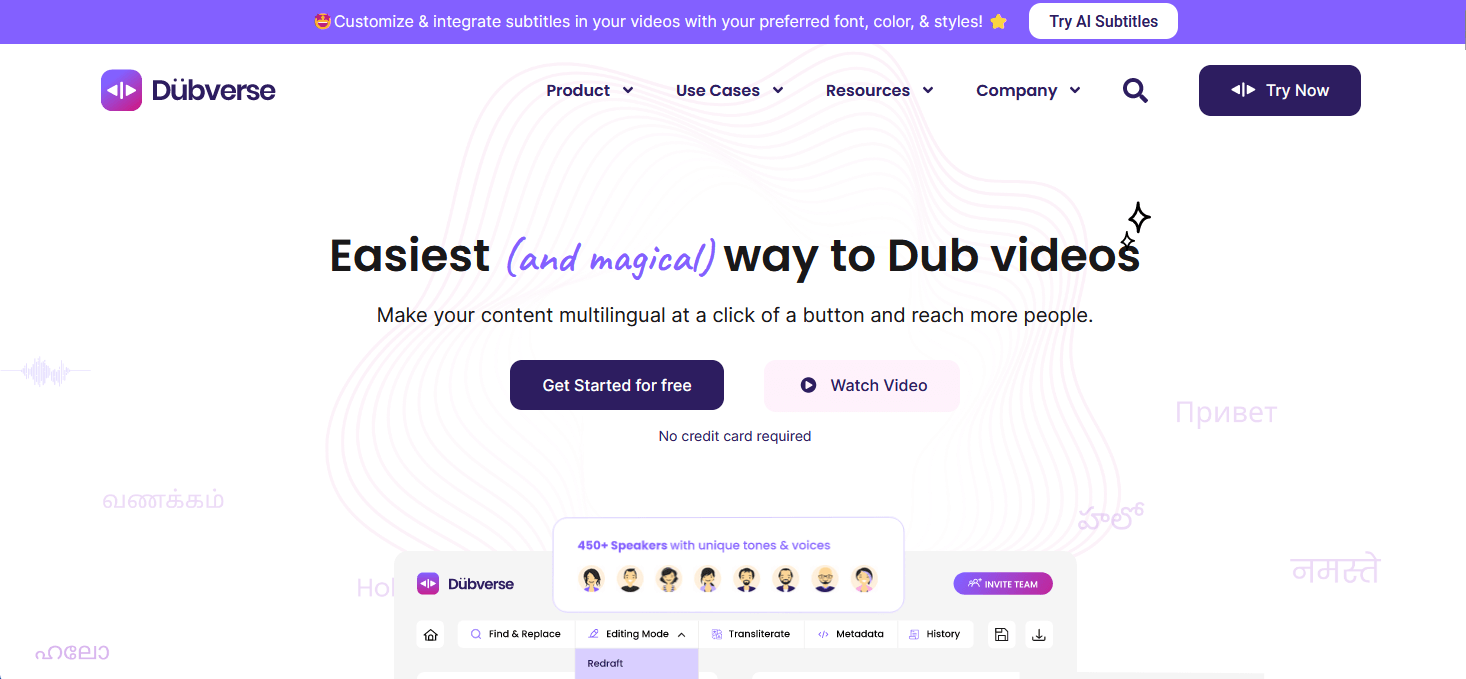 Screenshot of the Dubverse website homepage with options to get started, watch a video, and features like multilingual content and voice voices.