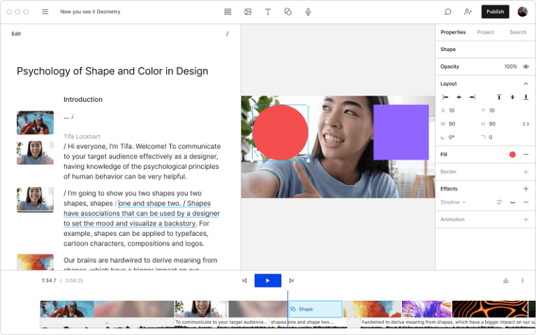 A screenshot of a digital design interface showing a document titled "Psychology of Shape and Color in Design" with a woman pointing at a red circle and a purple shape, along with editing tools and a timeline at the bottom.