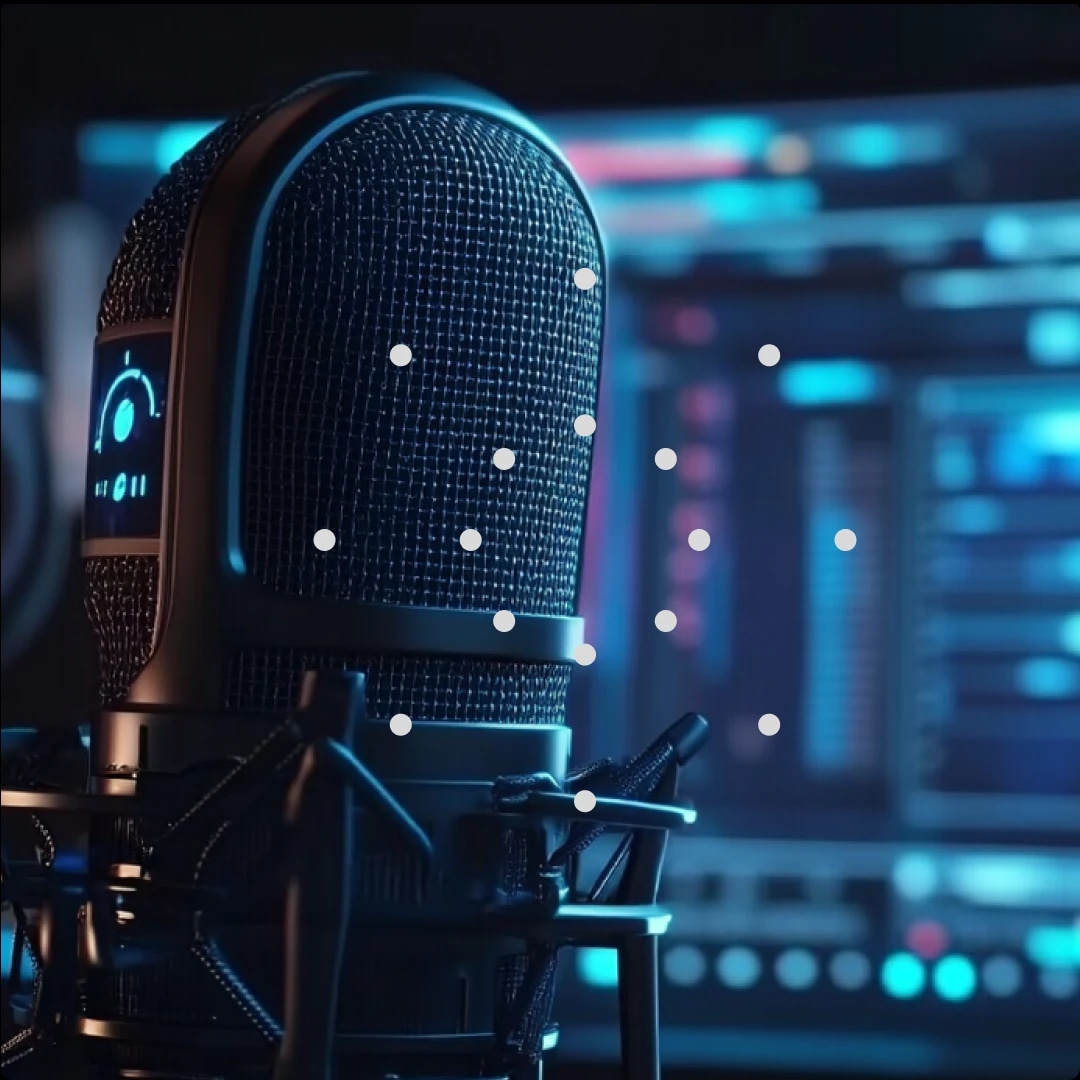 A close-up of a professional microphone in a recording studio with audio equipment in the background.