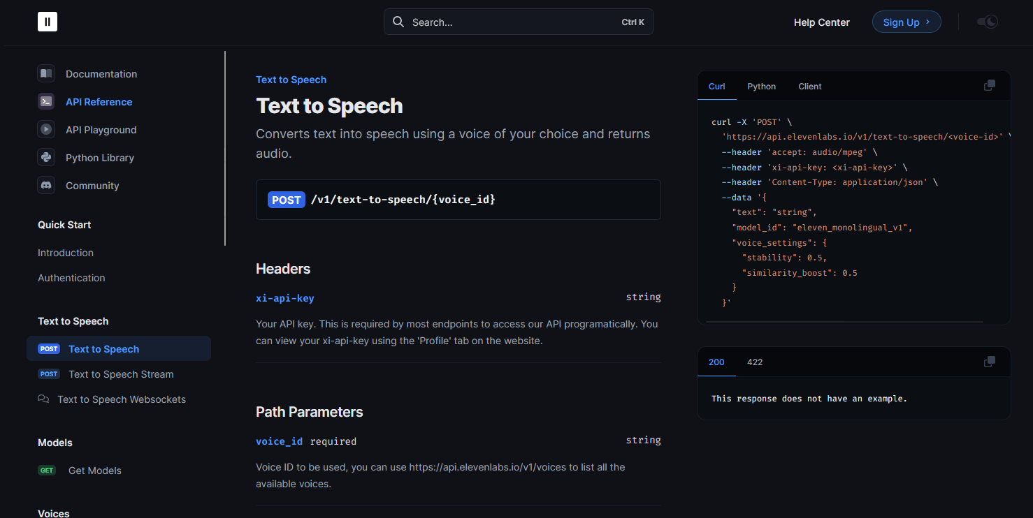Screenshot of a documentation webpage for a text-to-speech API, showing sections on headers, path parameters, and example code snippets.