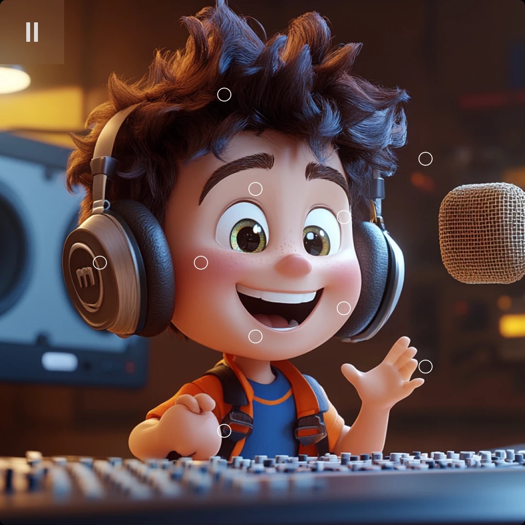 A animated character with big eyes and curly hair wearing headphones, smiling and speaking into a microphone in a recording studio.