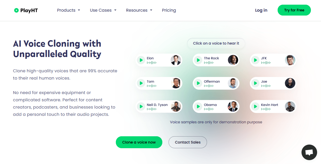 Screenshot of PlayHT's website showcasing AI voice cloning with sample voices and a call-to-action button.