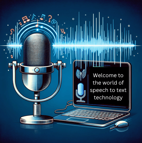Microphone and laptop displaying "Welcome to the world of speech to text technology" with sound waves and musical notes.