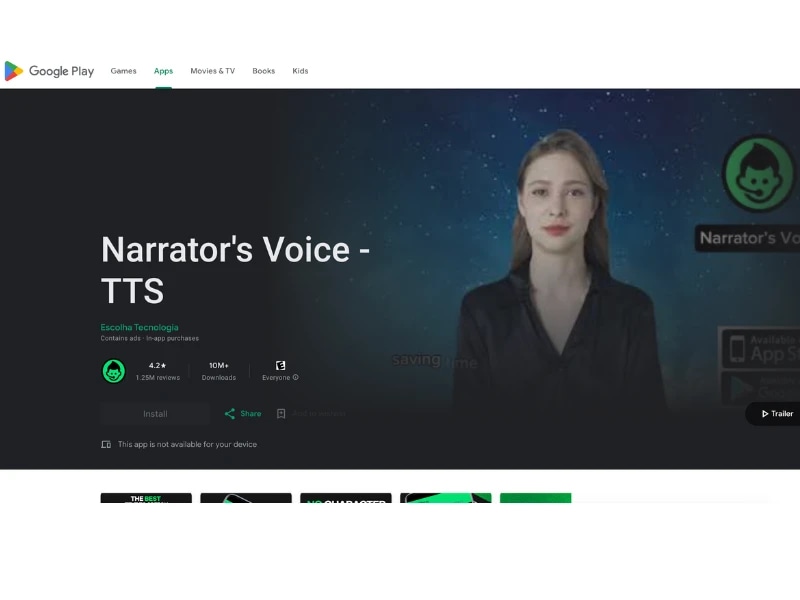 A woman with long hair and a black shirt standing in front of a starry background, promoting the Narrator's Voice - TTS app on Google Play.