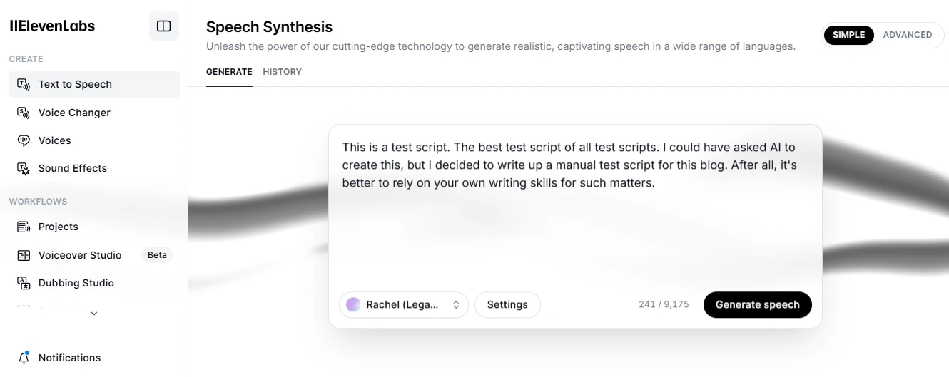 Screenshot of ElevenLabs' Speech Synthesis interface with a test script and options to generate speech.