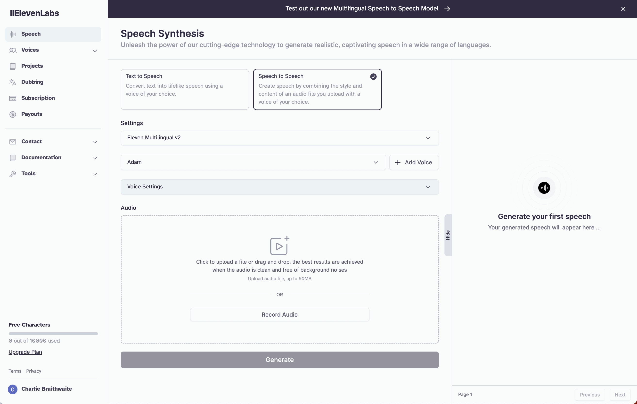 Screenshot of the ElevenLabs Speech Synthesis webpage, showing options for creating speech from text or audio, with a "Generate" button at the bottom.