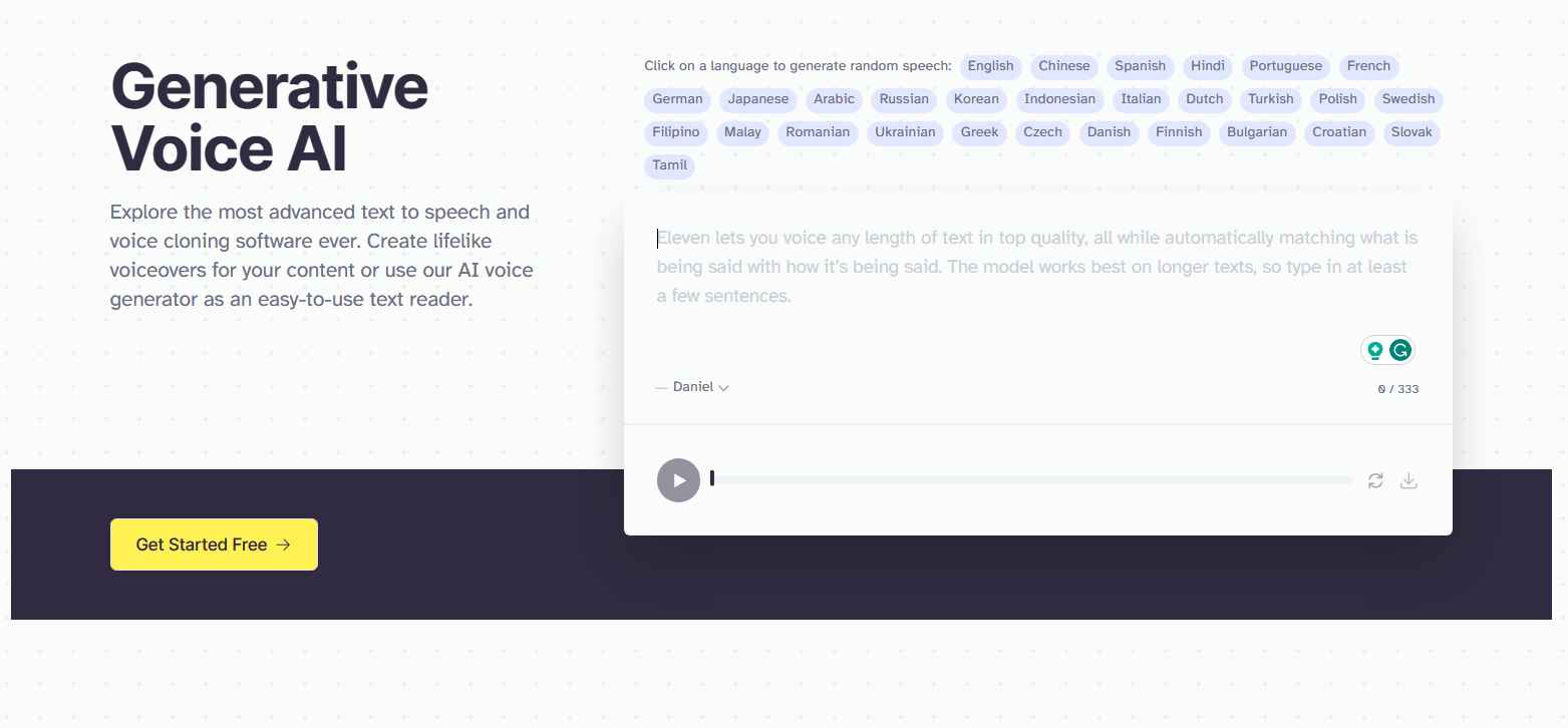 Screenshot of a webpage titled "Generative Voice AI" with language options and a text-to-speech input box.
