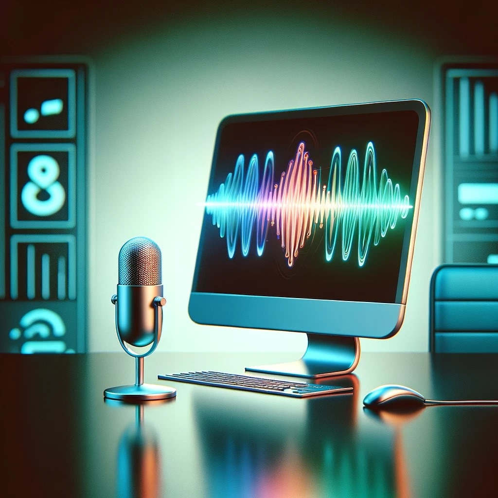 A computer monitor displaying a colorful sound wave, with a microphone and mouse on a desk in front of it.