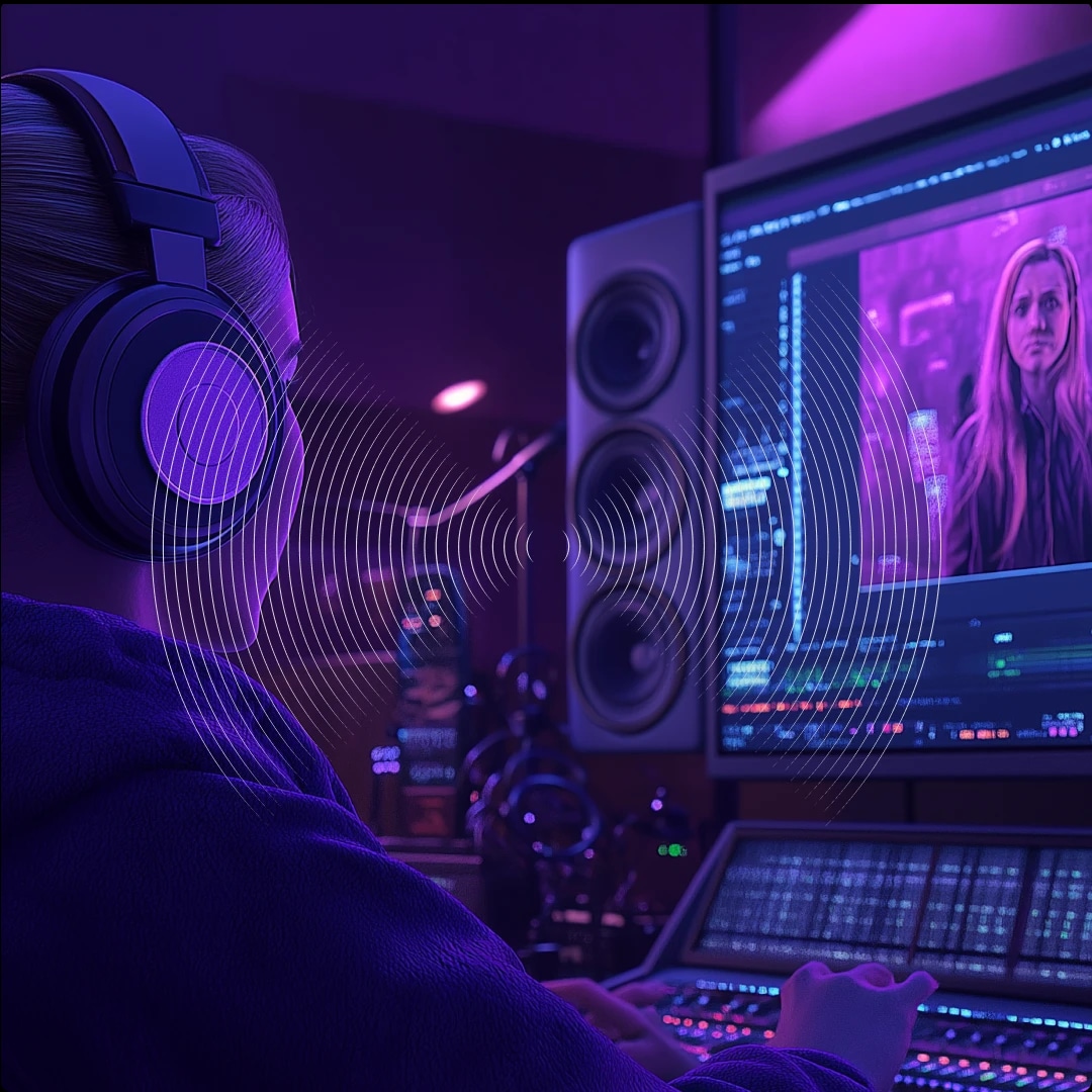 Person working on video editing in a dark room with purple lighting, wearing headphones, and a computer monitor displaying a video project.