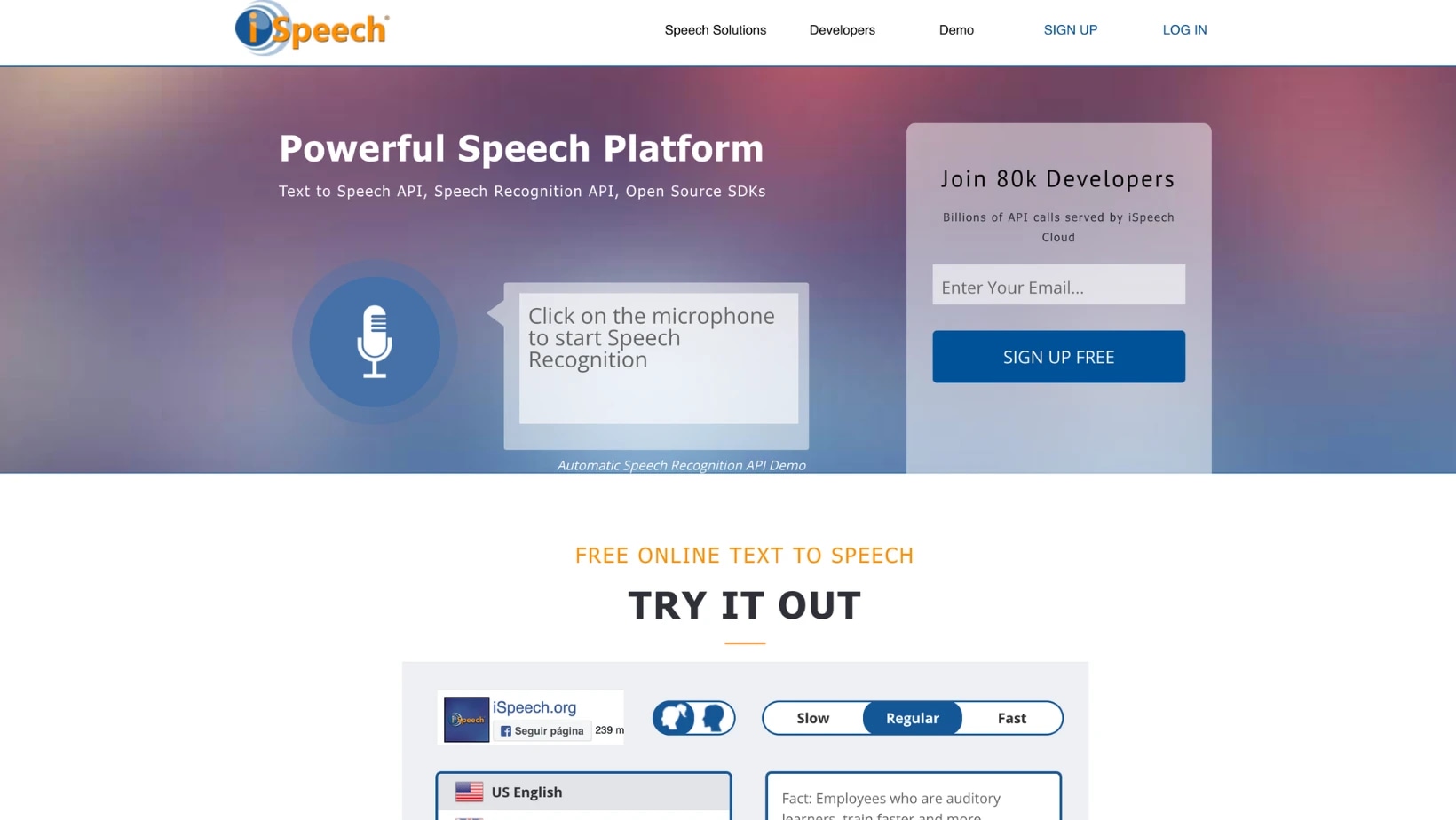 Screenshot of the iSpeech website homepage featuring a speech recognition platform with a microphone icon and sign-up form.