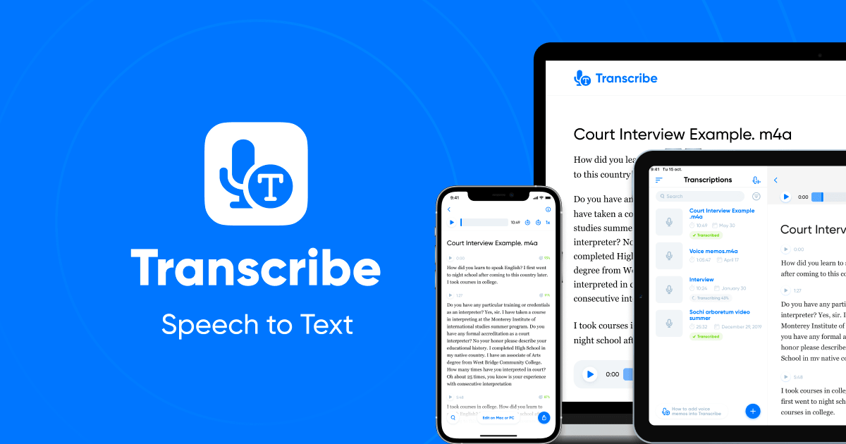 Transcribe app logo with speech-to-text icon, and three devices displaying transcribed speech.