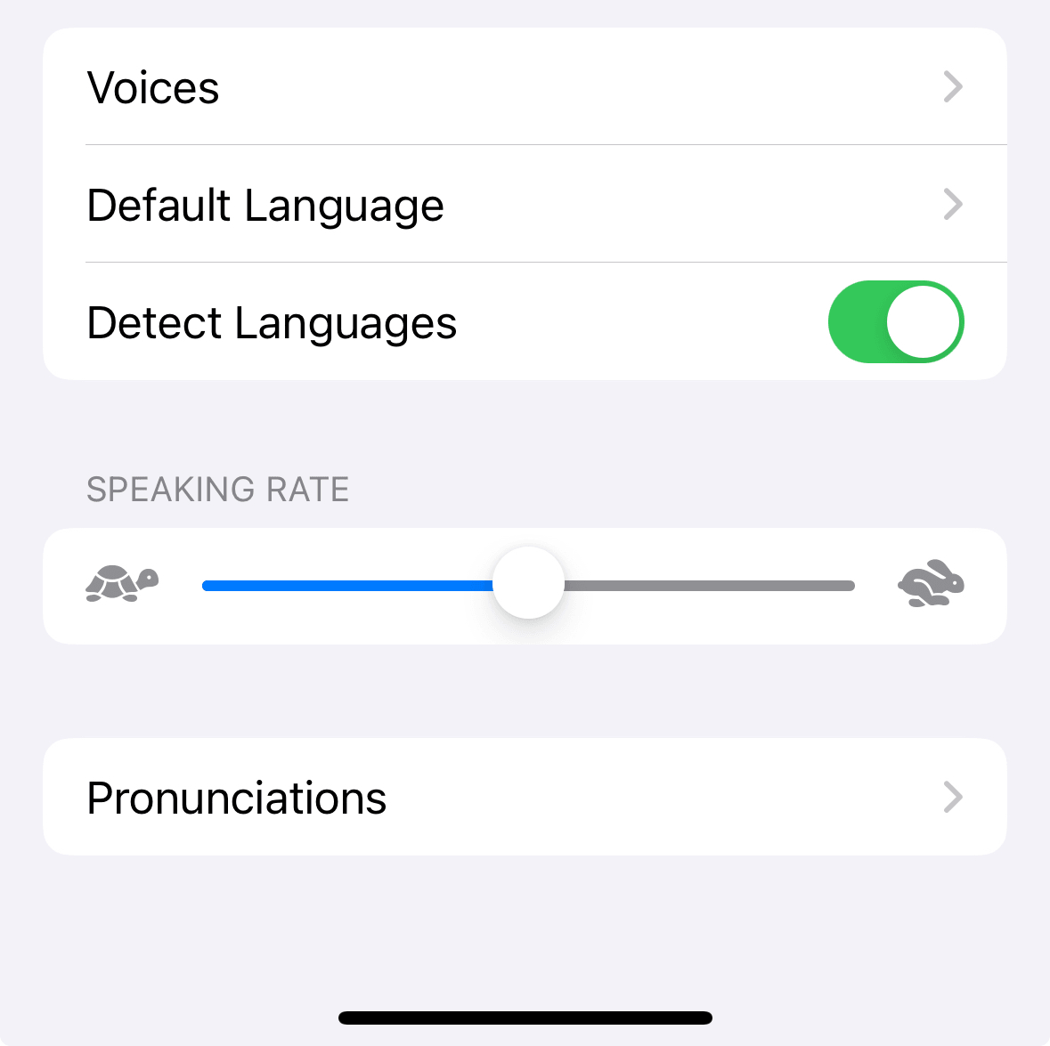 Settings screen showing options for Voices, Default Language, Detect Languages, and a speaking rate slider with turtle and rabbit icons.