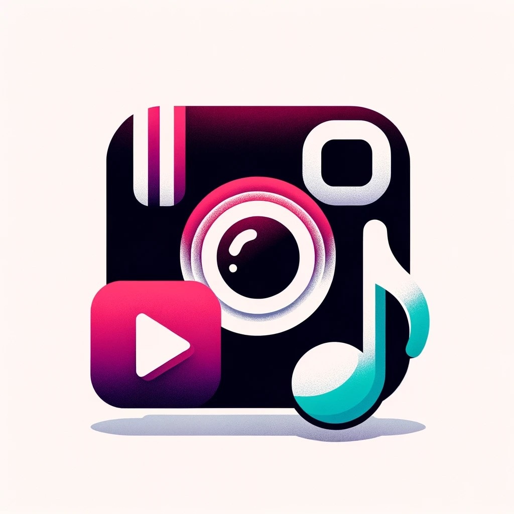 Stylized icon of a music app with a camera, play button, and musical note.