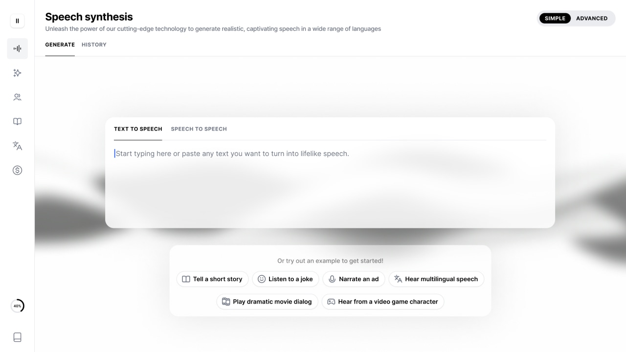 Screenshot of a speech synthesis web interface with options to generate and customize speech output.