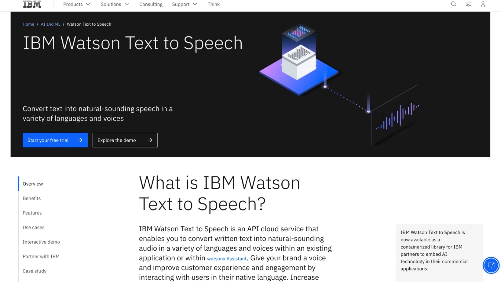 Screenshot of the IBM Watson Text to Speech product webpage, featuring a dark header with a graphic of a digital document and speech graph, and sections explaining the product's features and benefits.