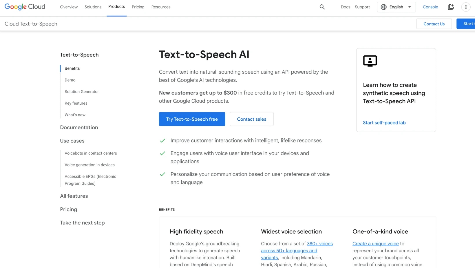 Screenshot of the Google Cloud Text-to-Speech product page, showing information about converting text into speech, features, and benefits.