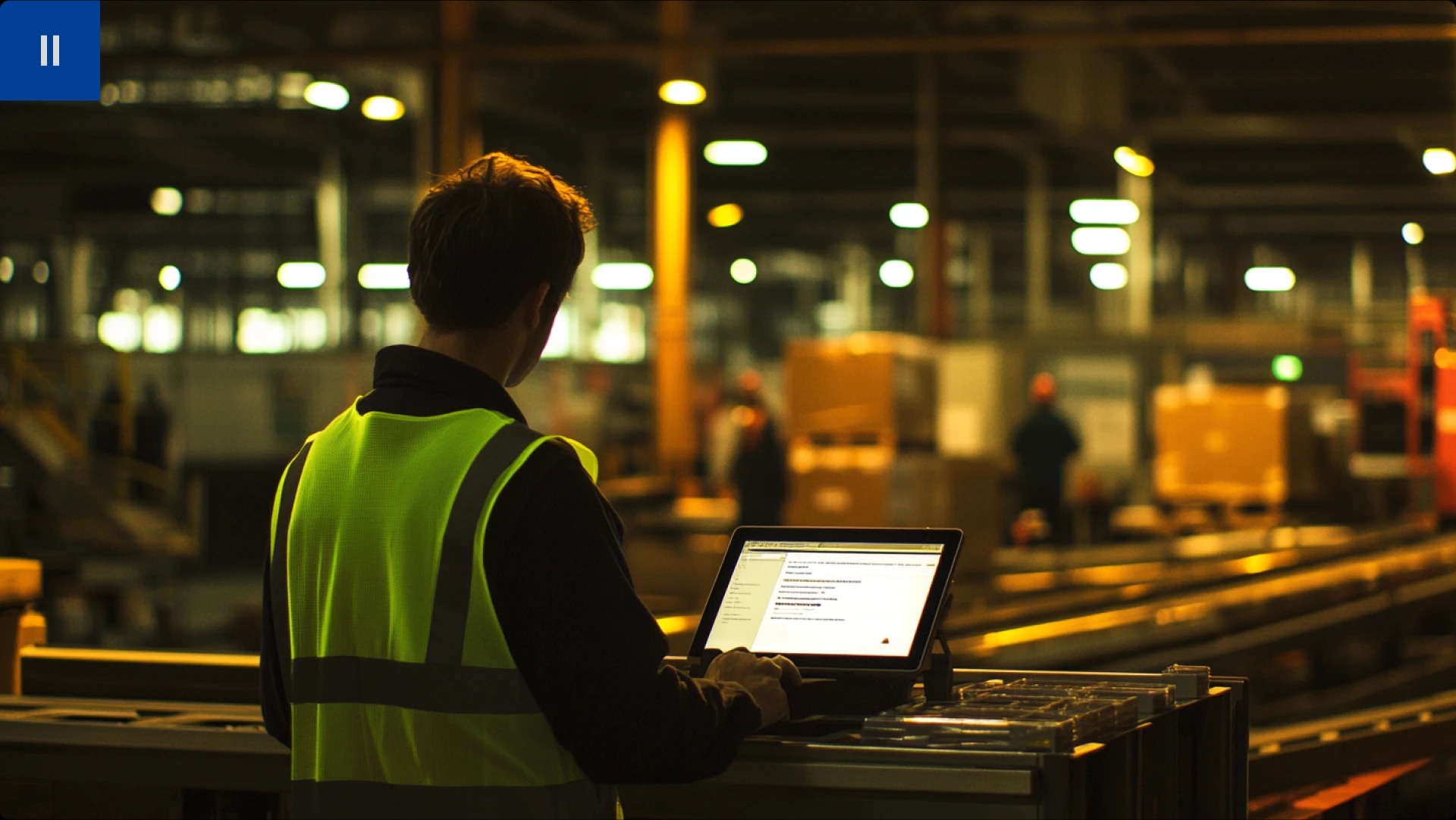 A worker in a high-visibility vest using a tablet in an industrial warehouse at night.