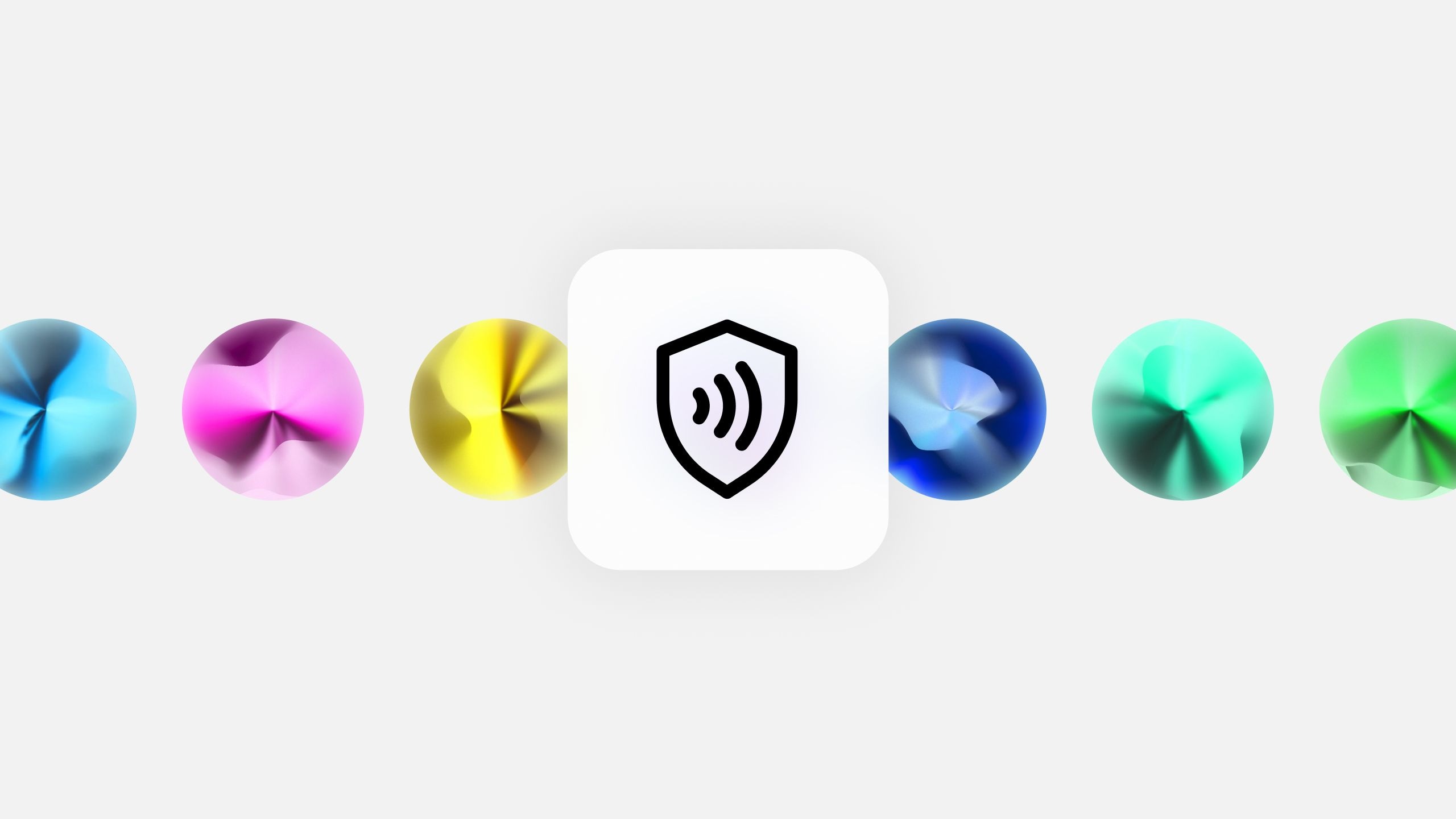 A row of colorful, metallic spheres with a shield icon and sound waves in the center.