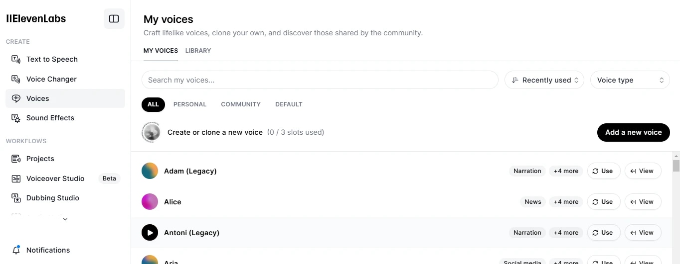 Screenshot of the ElevenLabs voice creation interface showing a list of saved voices, including Adam, Alice, and Antoni.