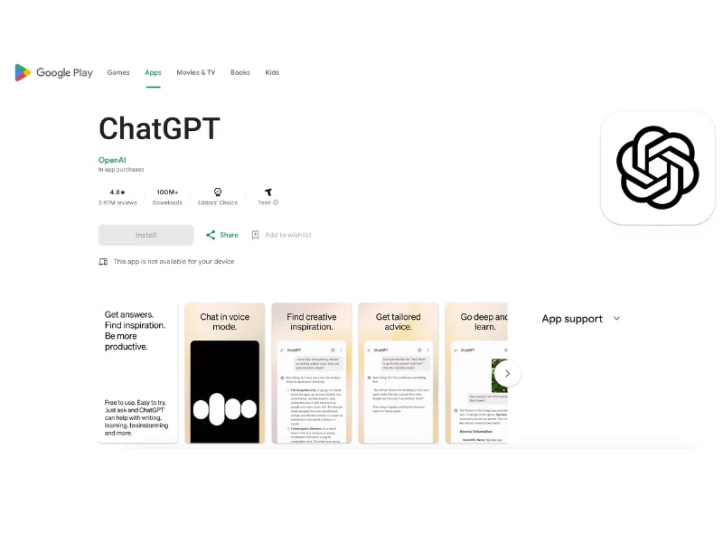 Google Play Store page for the ChatGPT app, showing app details, ratings, and screenshots.