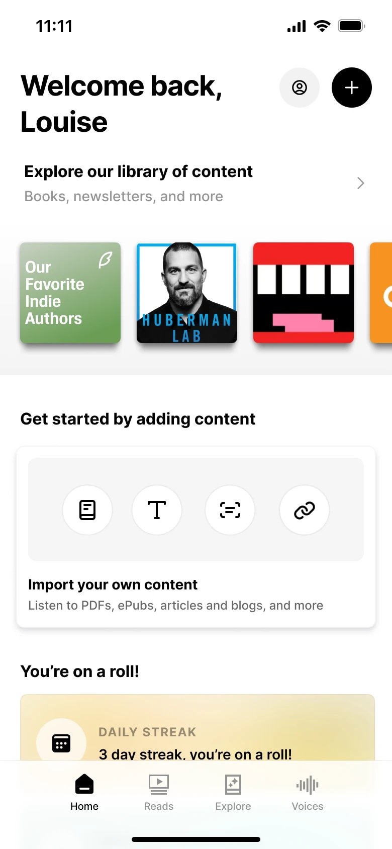 Screenshot of a mobile app home screen welcoming Louise, with options to explore content, add new content, and view a daily streak.
