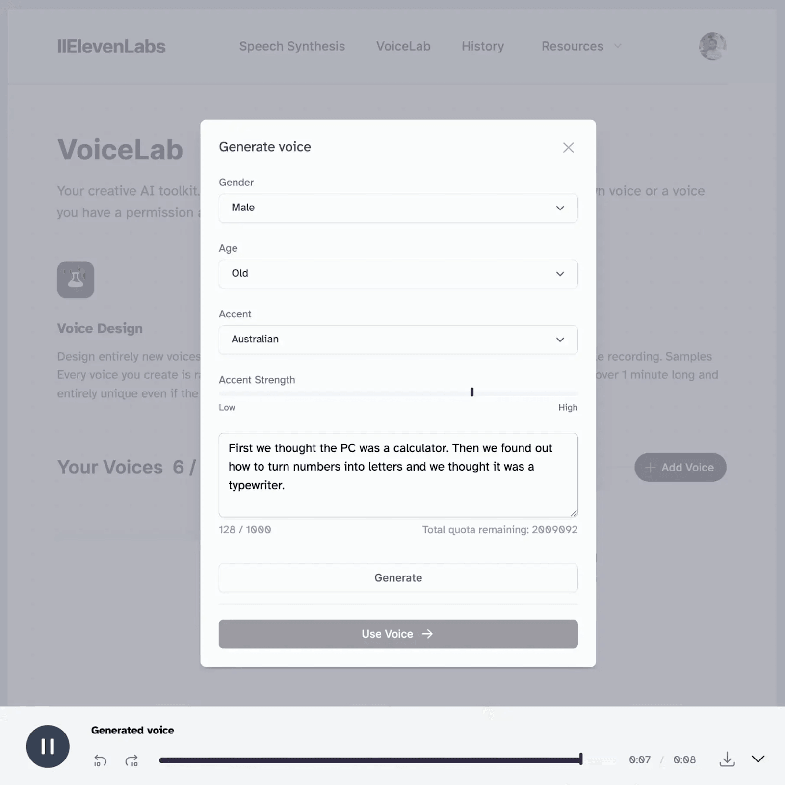 A screenshot of a voice generation interface with options for gender, age, accent, and accent strength, and a text box containing a short story about a computer and a typewriter.