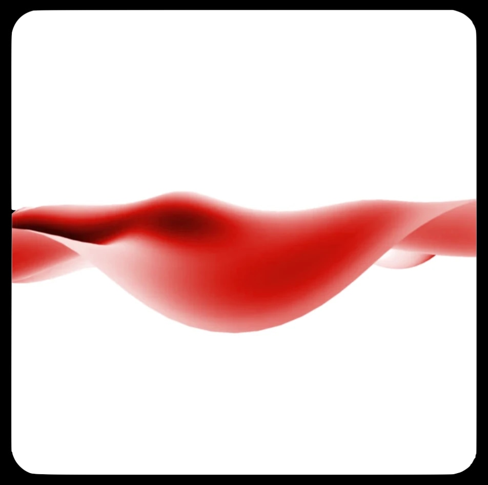 A red, abstract, flowing shape on a white background.