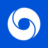 White spiral symbol on a blue background.