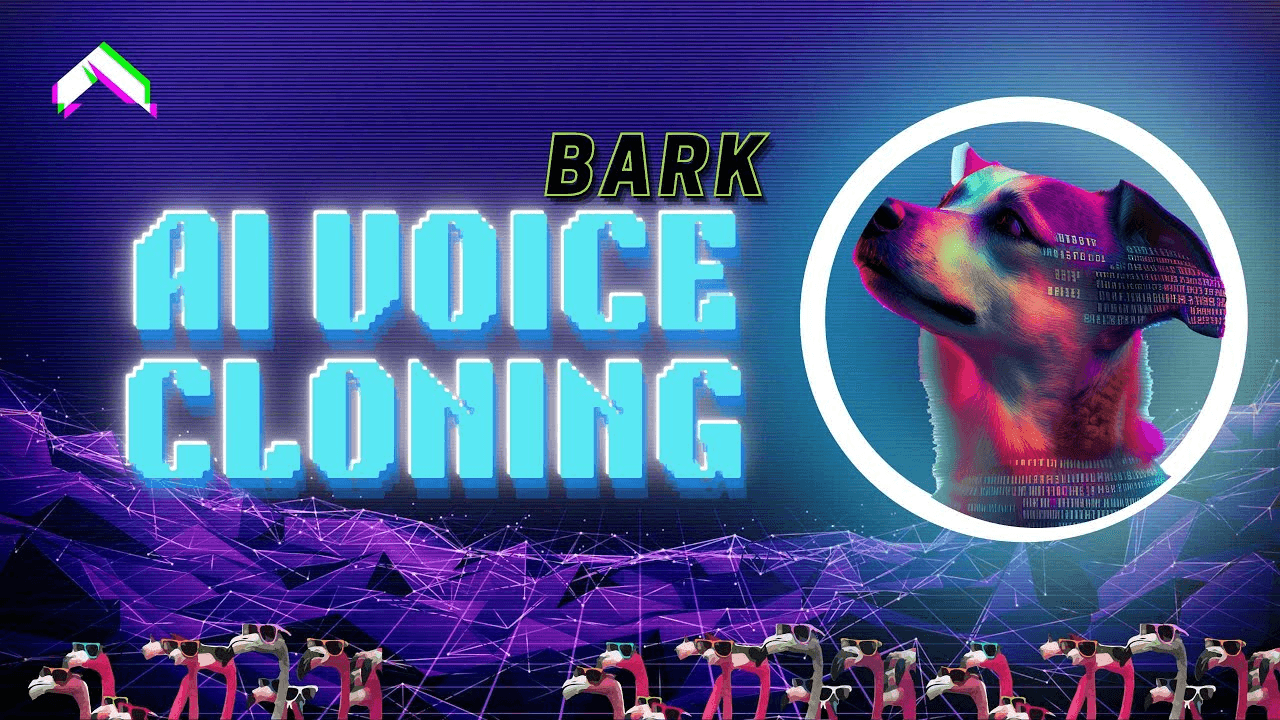 Digital illustration of a dog with a colorful, glitchy appearance inside a white circle, with the text "BARK AI VOICE CLONING" and a futuristic, neon background.