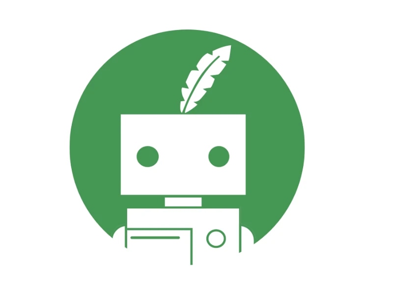 Green circular icon of a robot with a feather in its head.