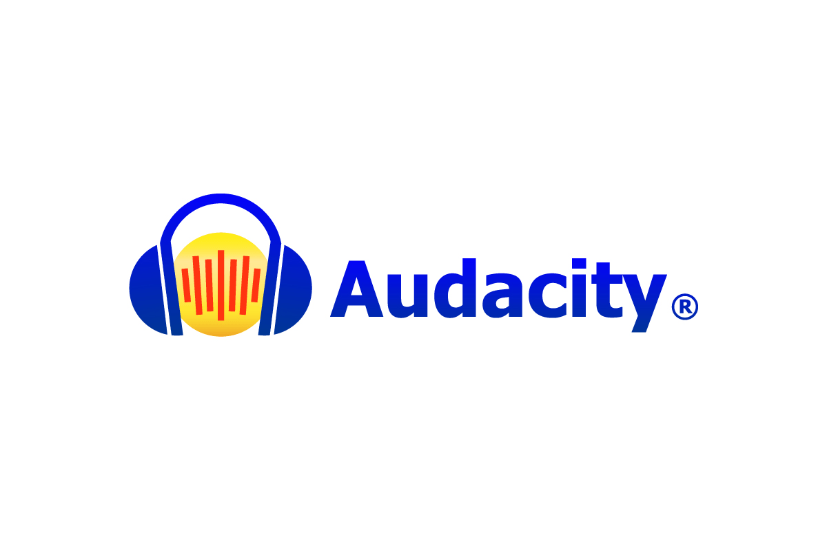 Audacity logo with headphones and sound wave icon, and the word "Audacity" in blue text.