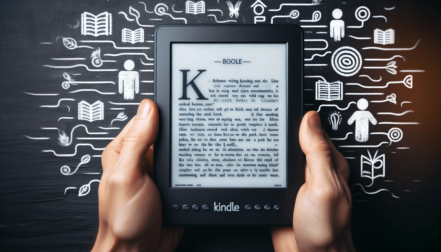 Hand holding a Kindle e-reader displaying text, with chalk drawings of books, people, and symbols on a blackboard background.