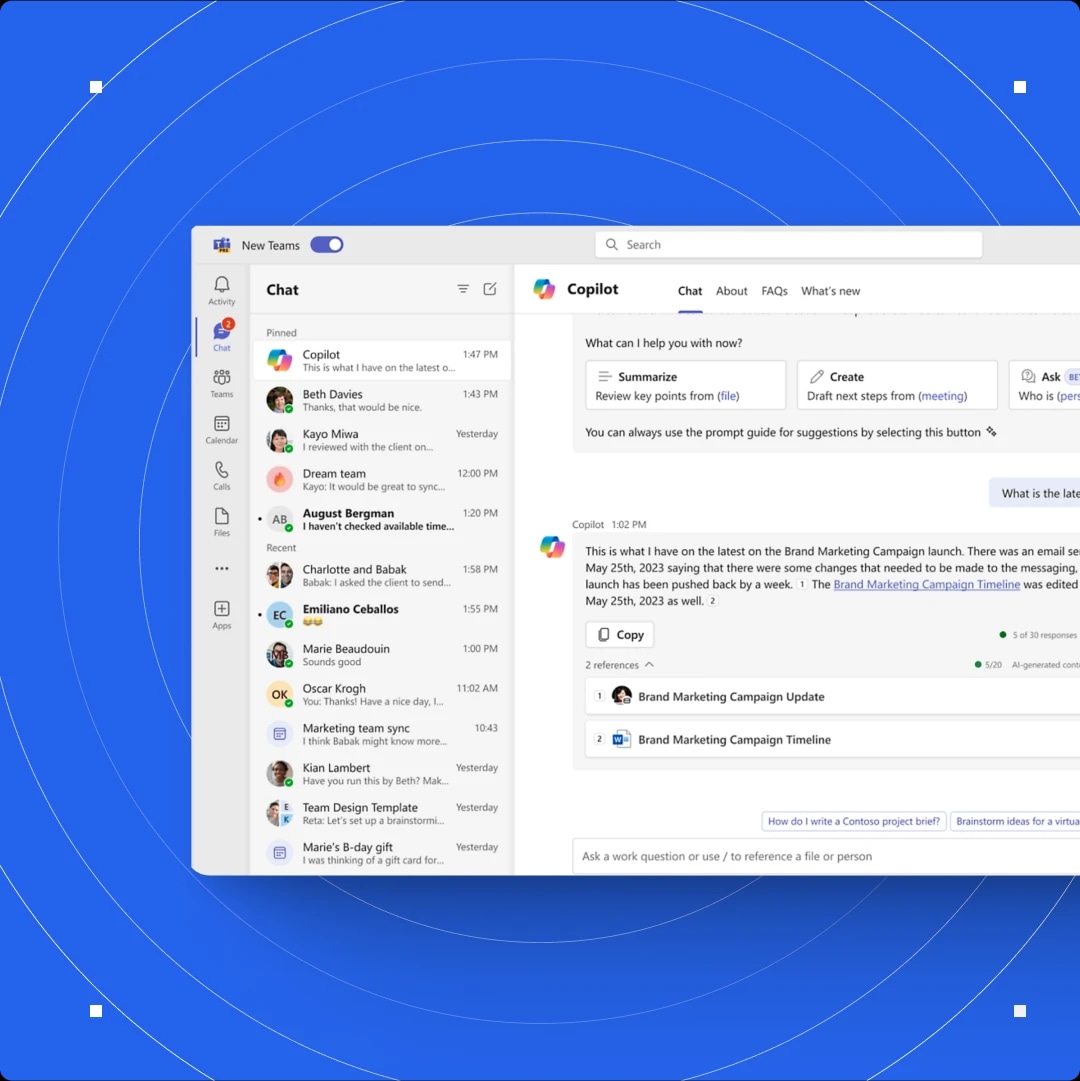 Screenshot of a Microsoft Teams chat window with a conversation about a brand marketing campaign.