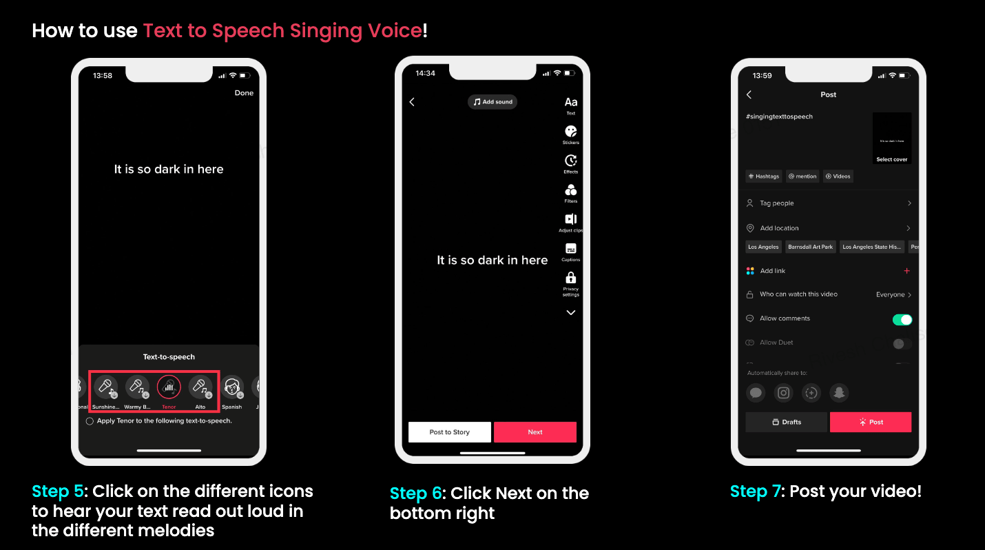 Screenshots showing steps to create a text-to-speech video on a mobile app, including selecting voice options, clicking next, and posting the video.