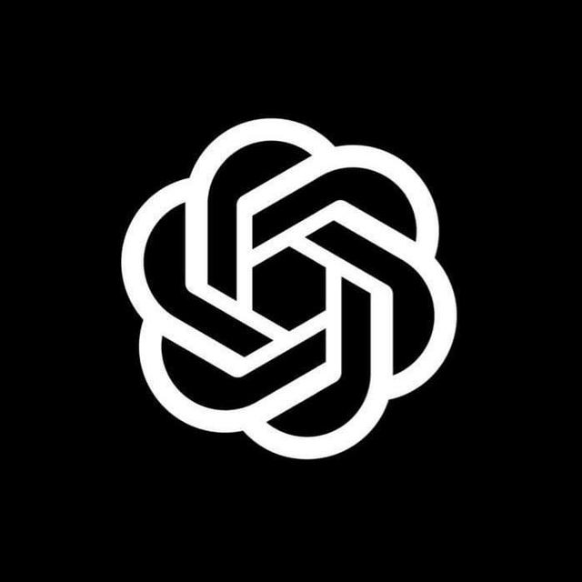 White geometric logo on a black background.