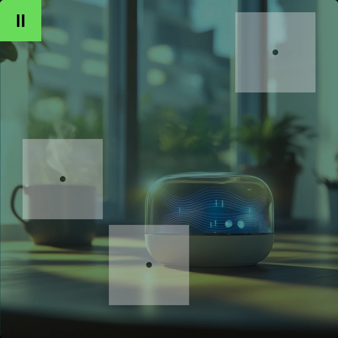 A smart speaker with a digital display on a table, with a coffee mug and plants in the background.