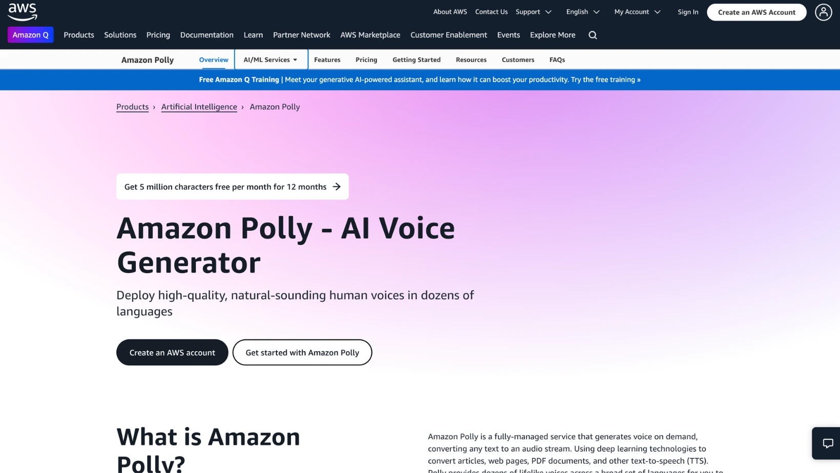 Amazon Polly - AI Voice Generator webpage with a gradient purple background and text about deploying human-like voices in multiple languages.