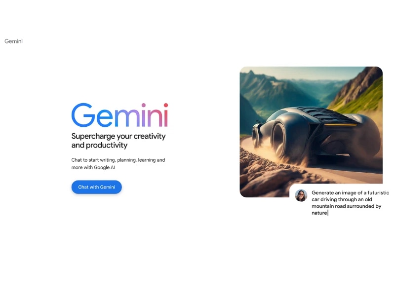 A futuristic car driving through a mountain landscape with a prompt to generate such an image using Gemini AI.