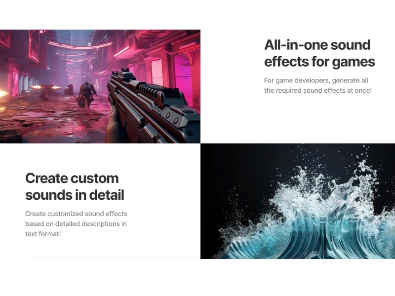 A digital collage featuring a first-person shooter game scene, text about sound effects for games, and an abstract image of water splashes.