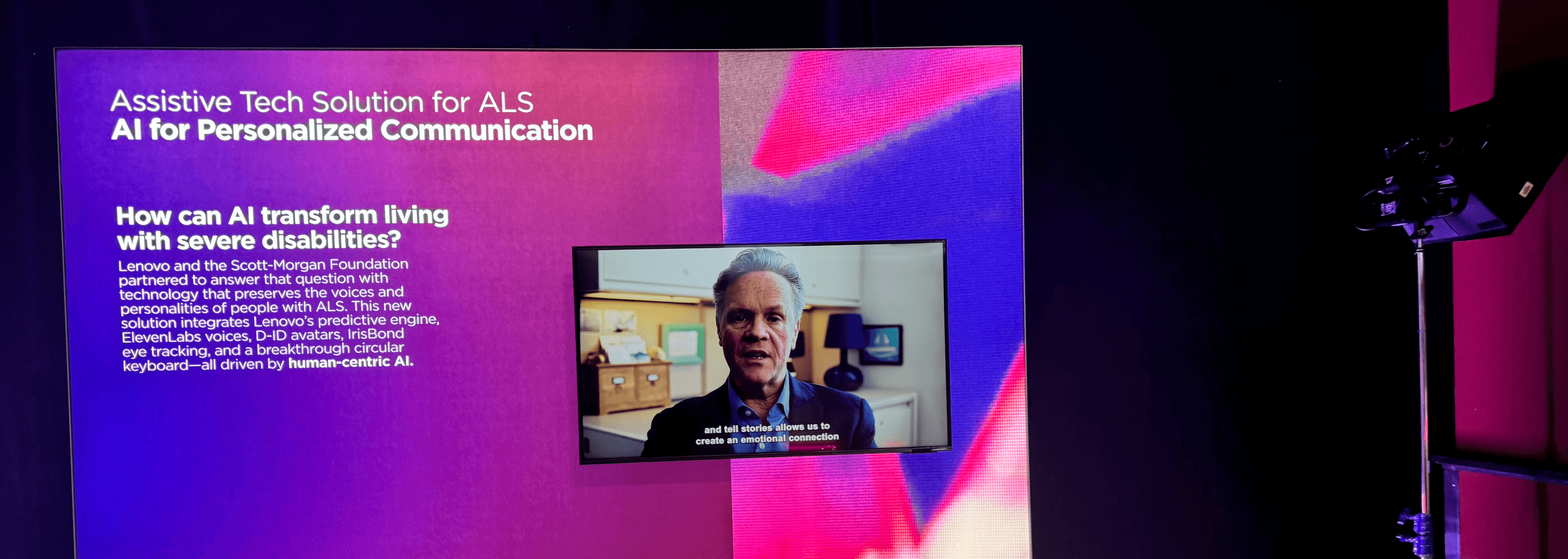 A presentation slide titled "Assistive Tech Solution for ALS" with a video of a man speaking, and a purple and pink gradient background.