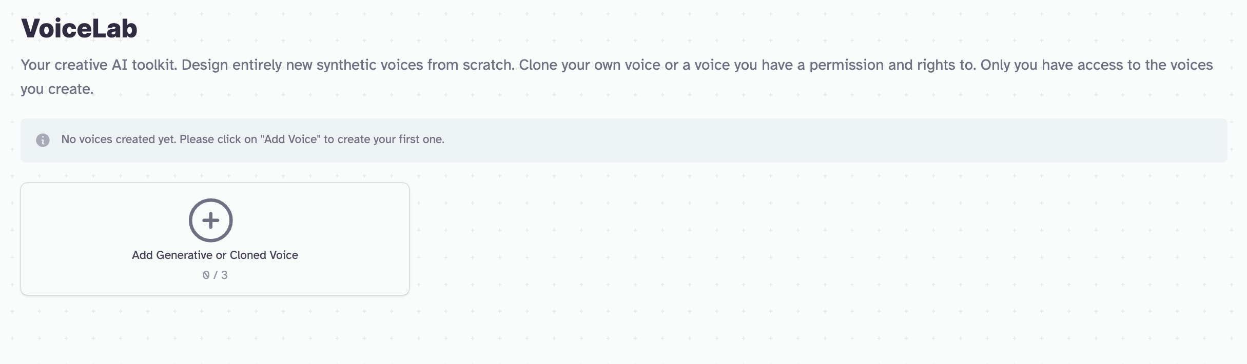 Screenshot of the VoiceLab AI toolkit interface with an option to add a generative or cloned voice.