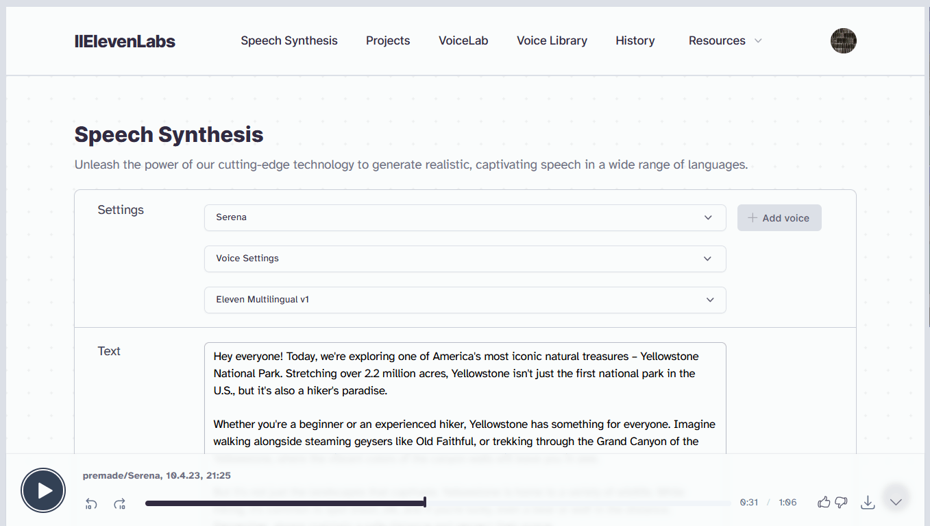 Screenshot of a webpage titled "Speech Synthesis" with text-to-speech controls and a text box containing information about Yellowstone National Park.