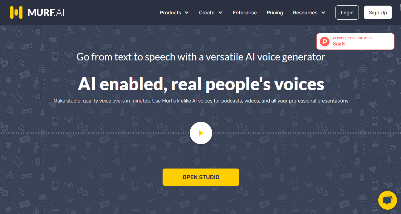 Screenshot of the MURF.AI homepage with a dark blue background, white text, a yellow "Open Studio" button, and navigation menu options at the top.