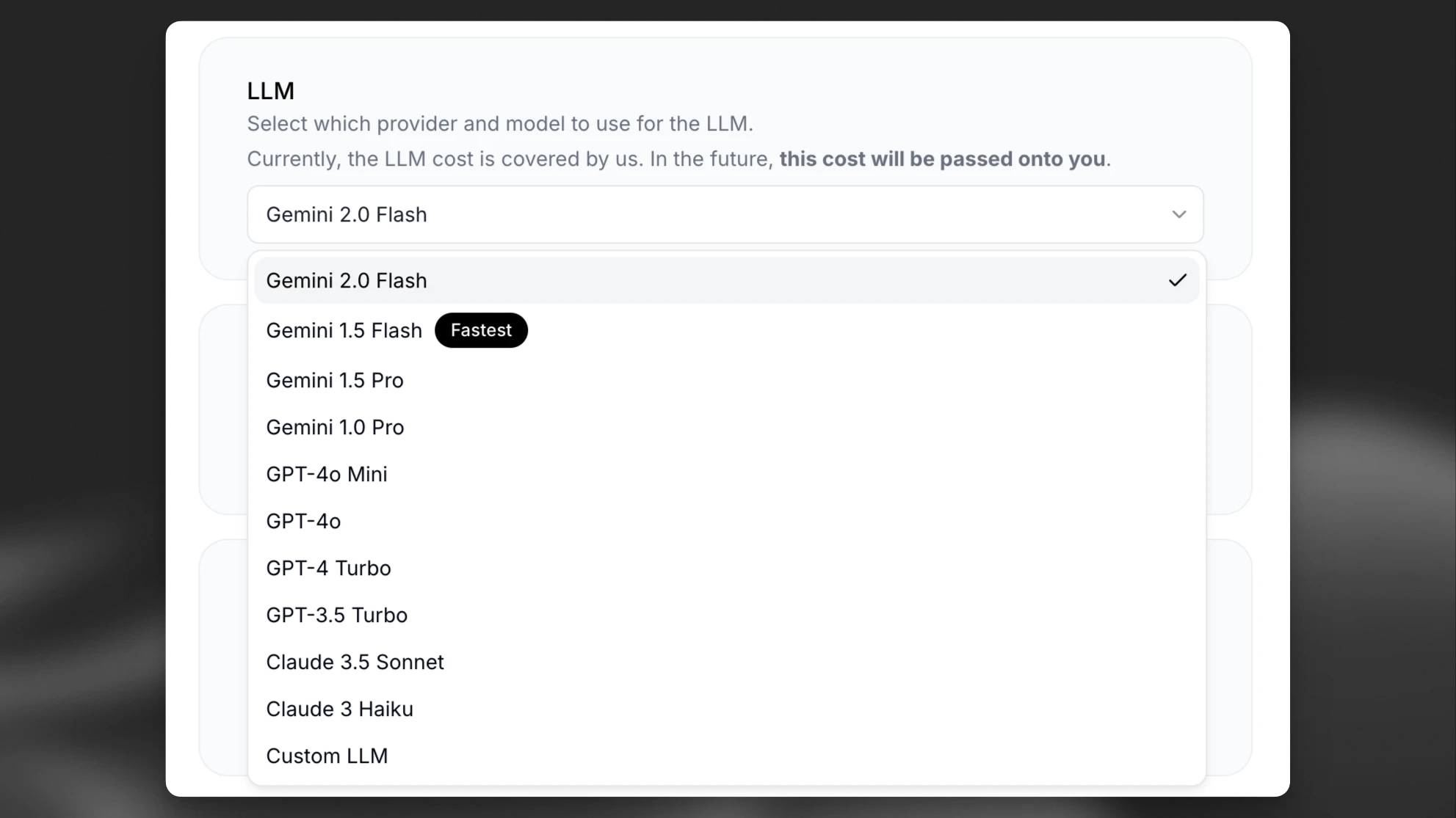 Dropdown menu showing different AI language model options for selection.