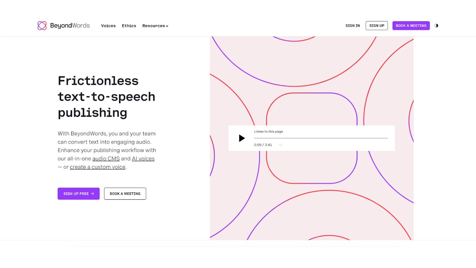 Screenshot of a website homepage for BeyondWords, featuring a headline about frictionless text-to-speech publishing, a paragraph description, and buttons for signing up and booking a meeting.