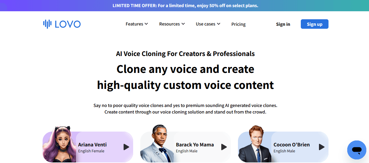 Screenshot of LOVO website homepage showcasing AI voice cloning for creators and professionals.