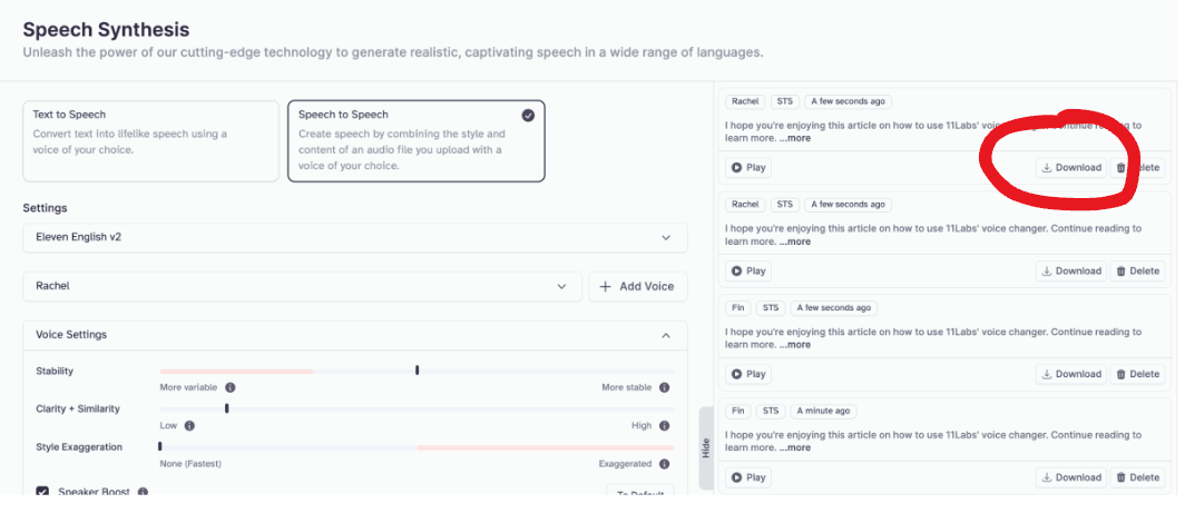 Screenshot of a speech synthesis interface with options to generate and download speech files, and settings for voice customization.