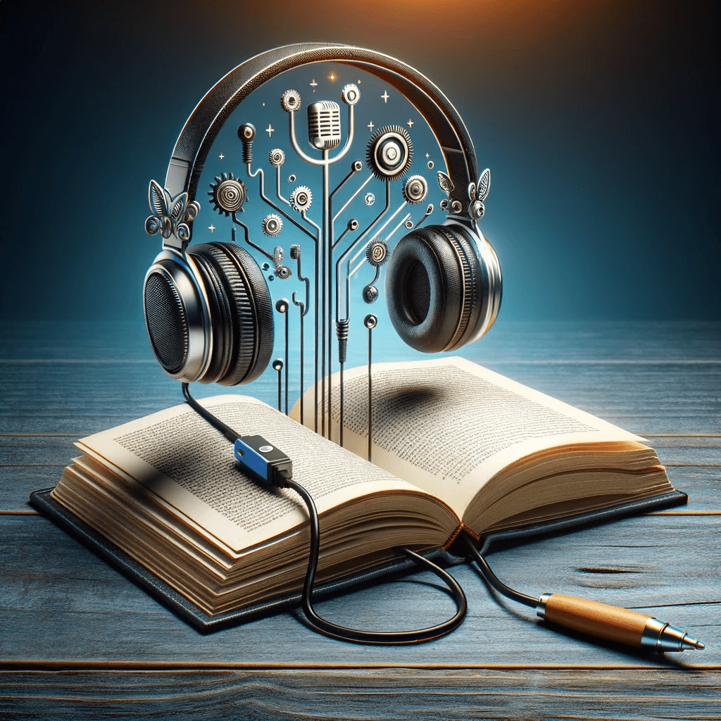 An open book with headphones and a pen, with the headphones connected to a circuit-like structure with gears and a microphone, floating above the book.