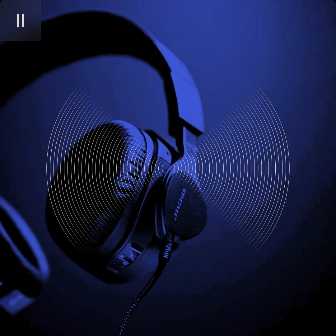 Over-ear headphones with sound wave graphics on a dark blue background.